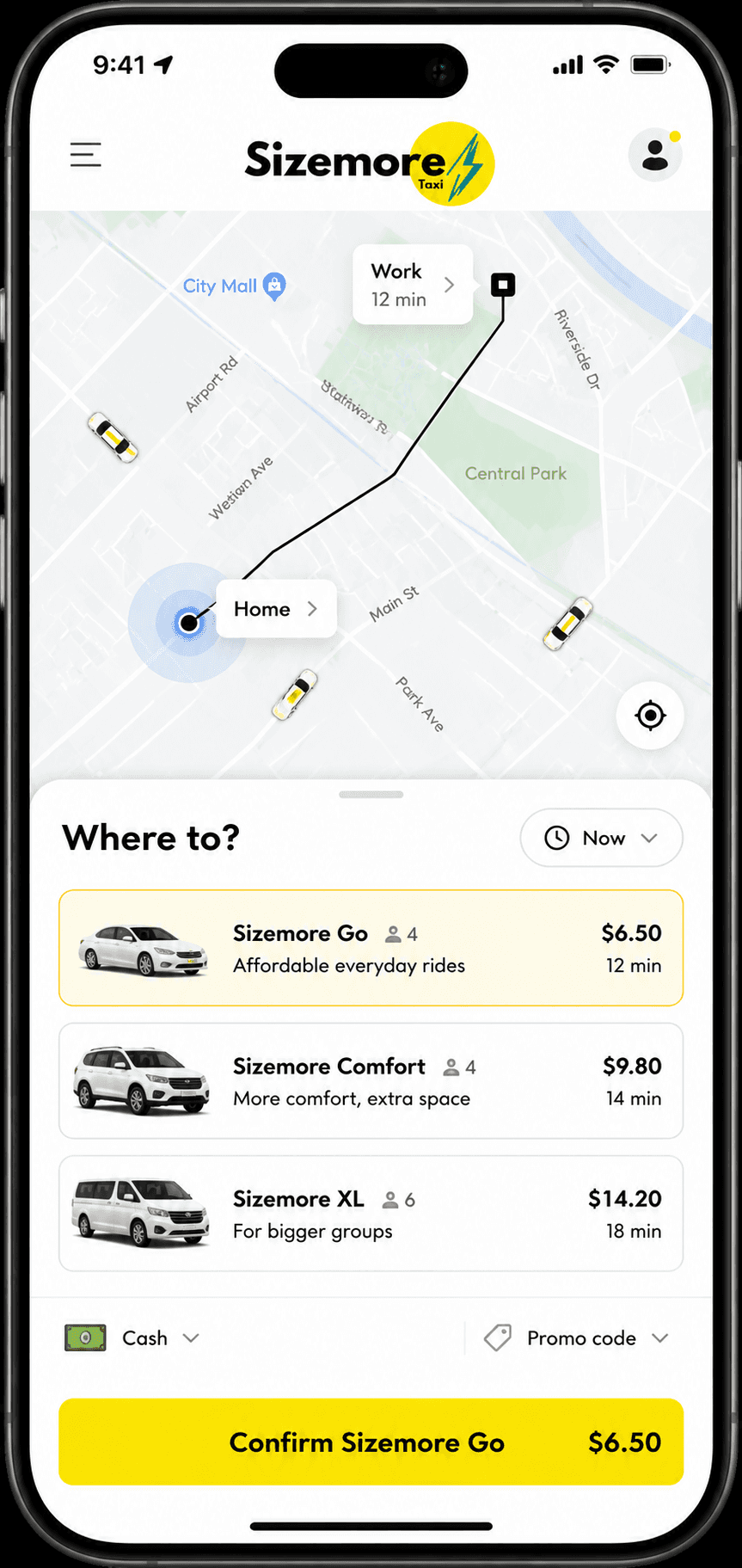 Sizemore Taxi app screen mockups